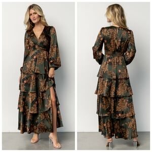 Baltic Born Olive Floral‎ Montrouge Tiered Satin Dress